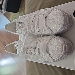 White sequin platform Keds women 6